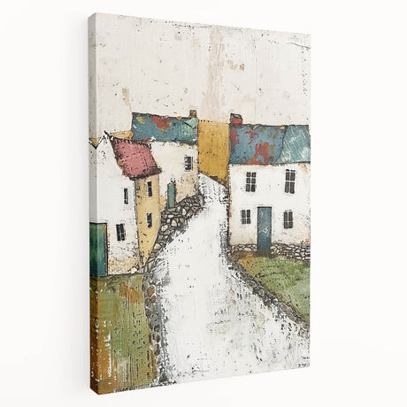 Abstract architectural wall art on stretched canvas showcasing geometric shapes in a vibrant color palette. The side view highlights its depth and texture, perfect for modern decor.
