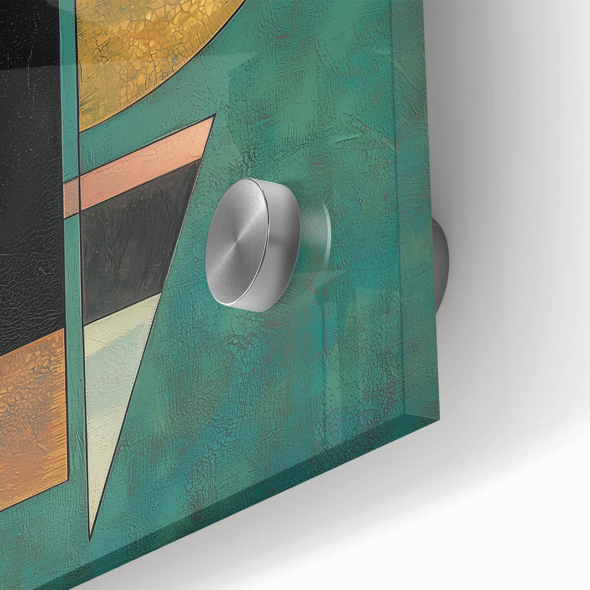 Close-up of a vibrant abstract geometric acrylic glass design, showcasing intricate shapes and colors, ideal for modern home decor or art exhibits.