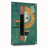 Abstract geometric acrylic glass artwork showcasing a side view with vibrant colors and visible pins, ideal for modern home decor and artistic displays.