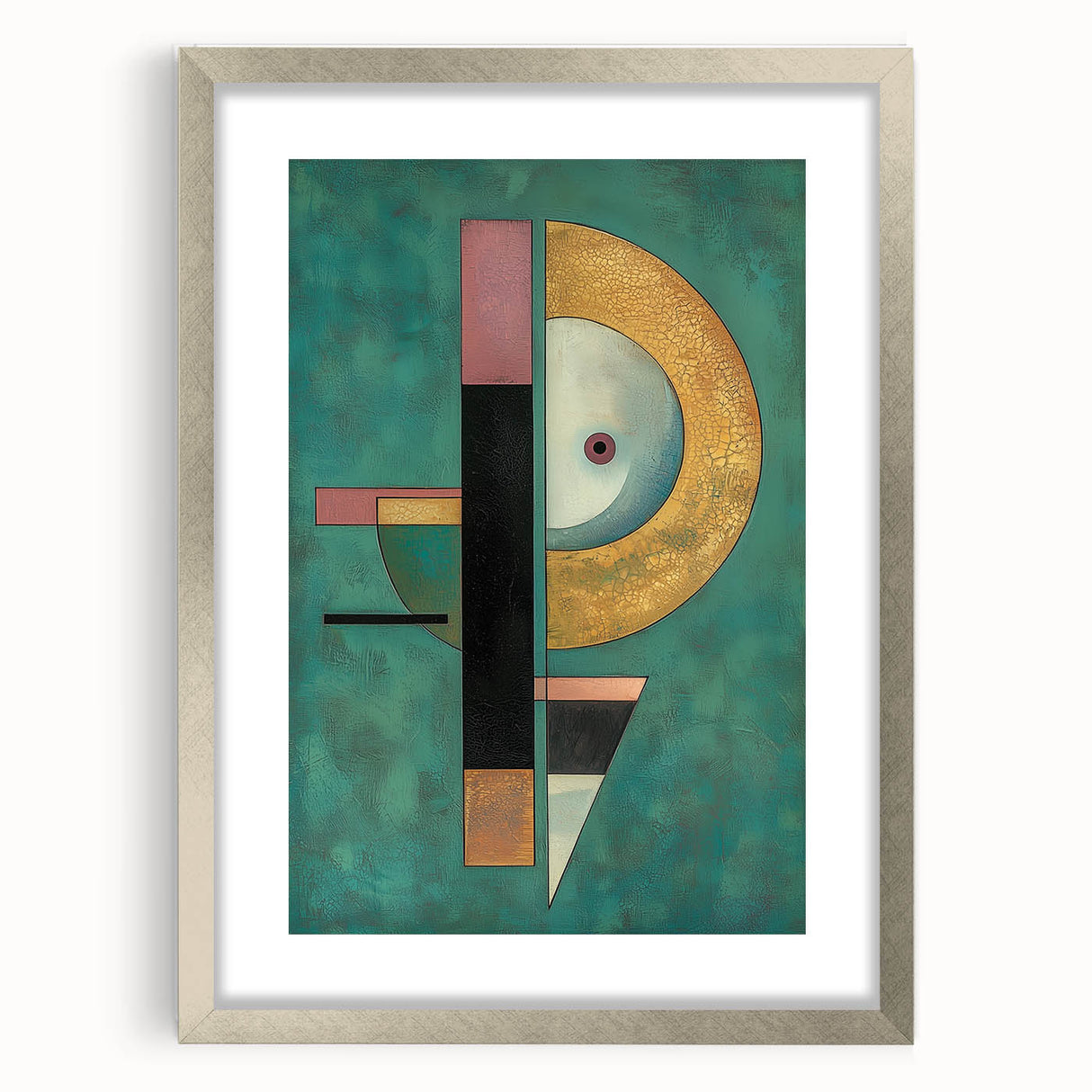 Abstract geometric frame in silver with a mat, showcasing a modern design ideal for contemporary home decor, emphasizing elegance and sophistication.