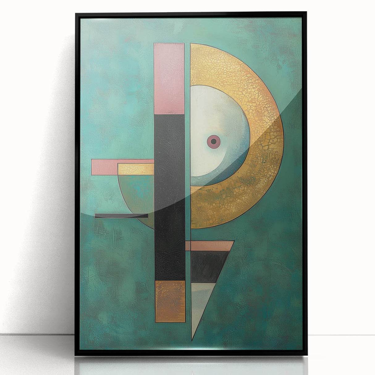 Abstract geometric framed acrylic artwork in black, showcasing intricate patterns and modern design elements, perfect for contemporary home decor.