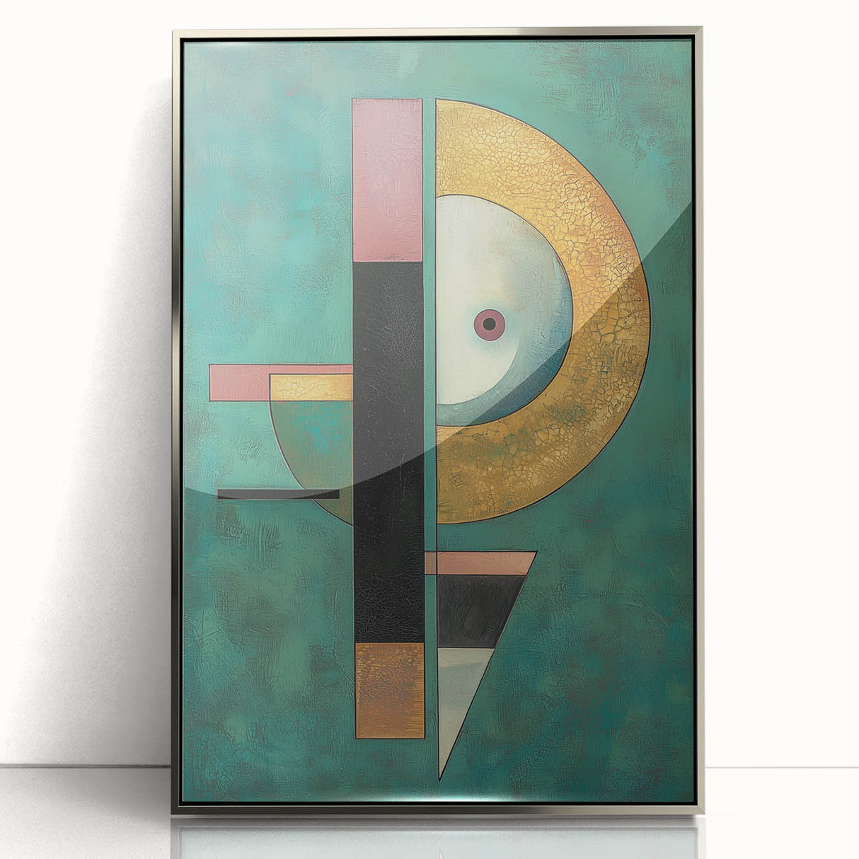 Framed acrylic artwork featuring a modern abstract geometric design in silver tones, showcasing sharp angles and fluid shapes that enhance contemporary decor.