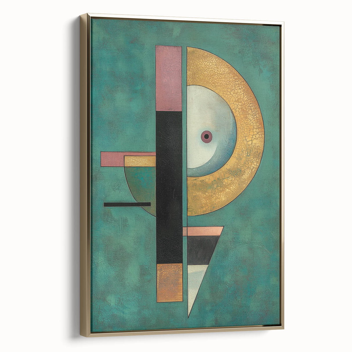 Abstract geometric framed canvas art showcasing a gold color scheme, featuring sharp angles and dynamic shapes, ideal for modern home decor.
