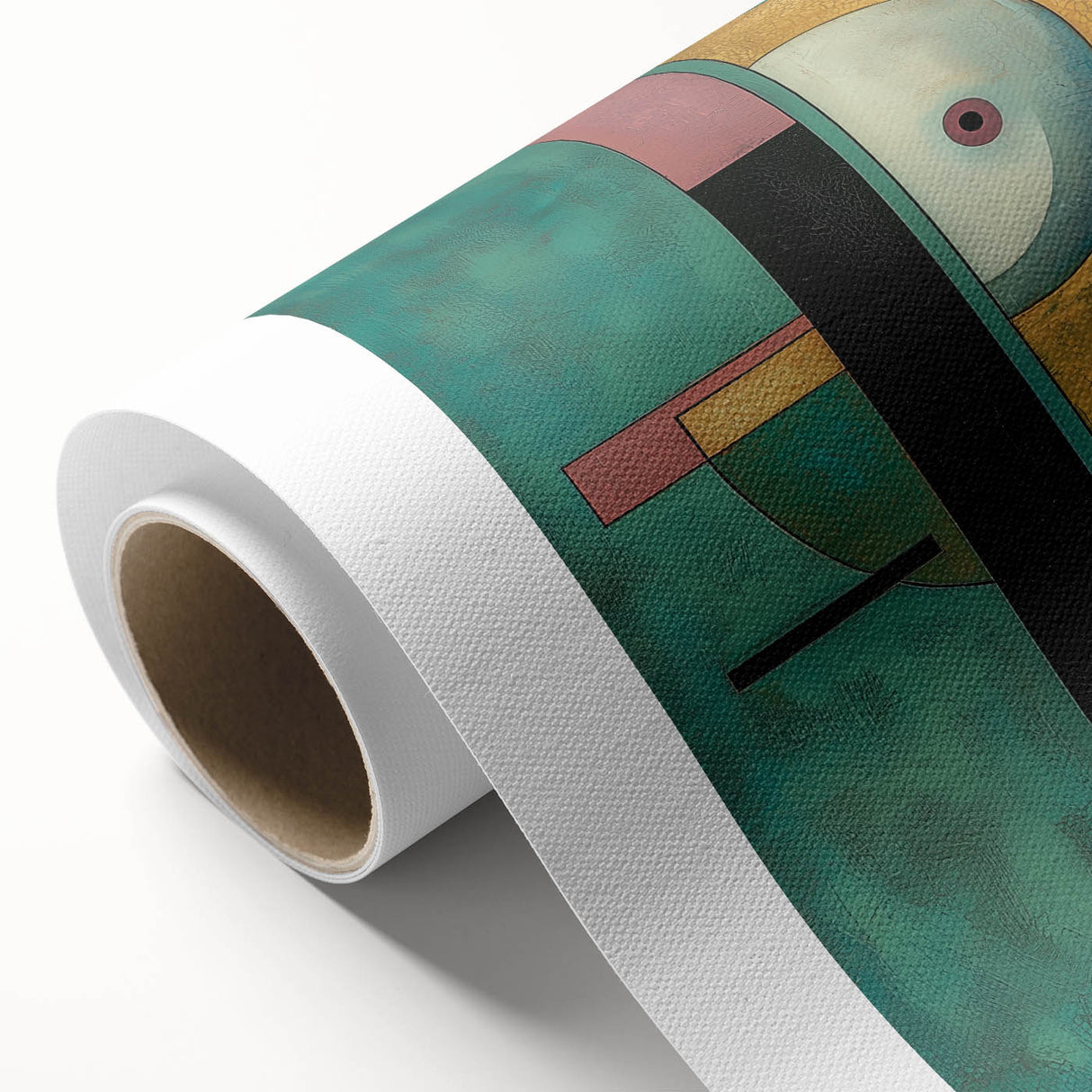 Abstract geometric rolled canvas artwork showcasing vibrant colors and intricate patterns, elegantly packaged in a protective cardboard tube for safe delivery.