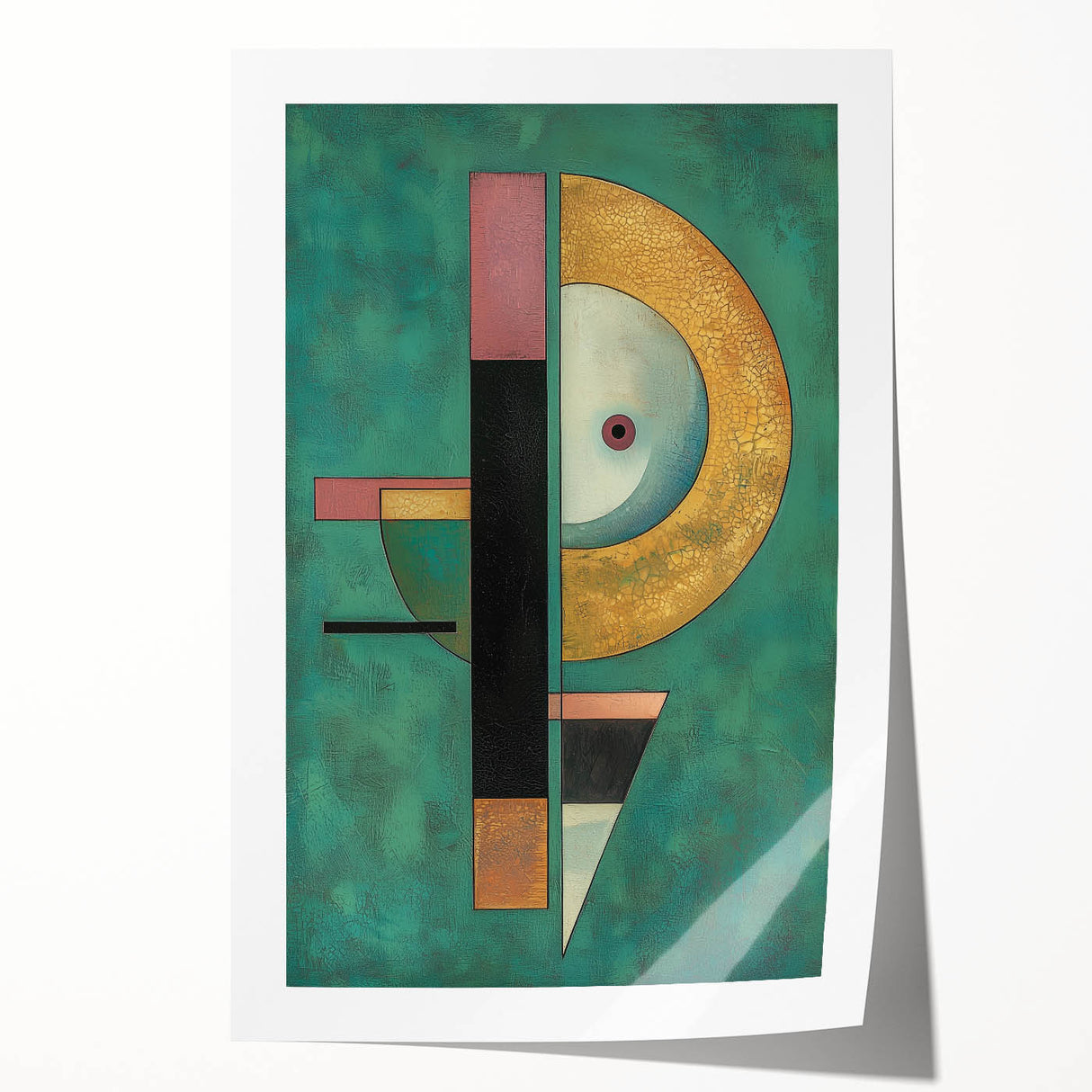 Abstract geometric rolled print showcasing vibrant colors and intricate patterns, designed to enhance modern decor, rolled and ready for framing or display.