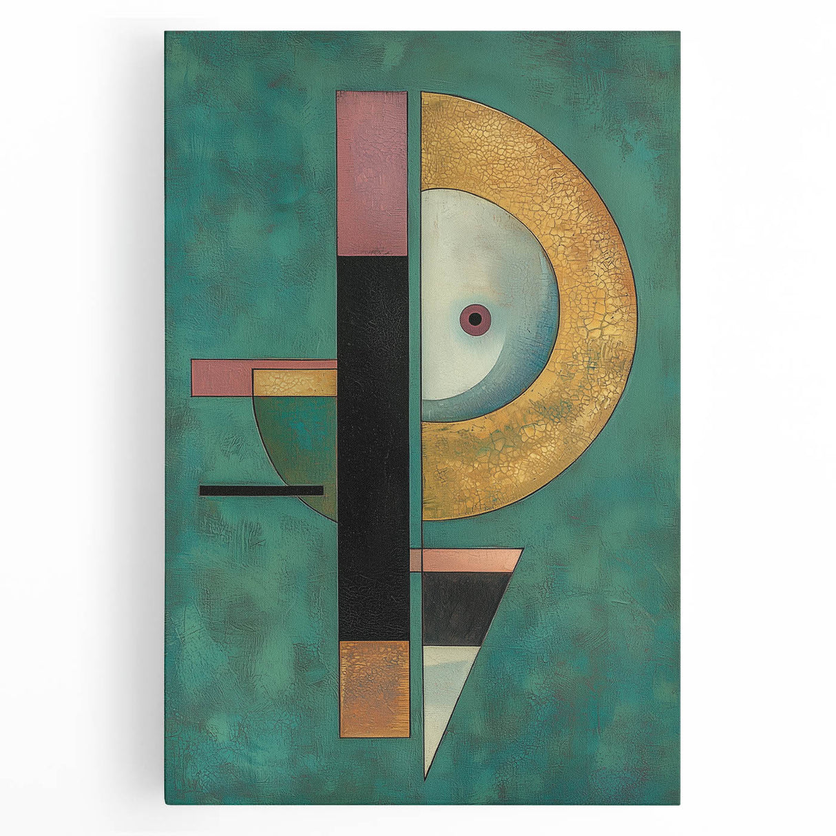 Abstract geometric stretched canvas artwork featuring bold colors and intricate patterns, ideal for modern home decor or creative spaces. The design showcases a harmonious blend of shapes, enhancing any interior aesthetic while adding a vibrant touch.