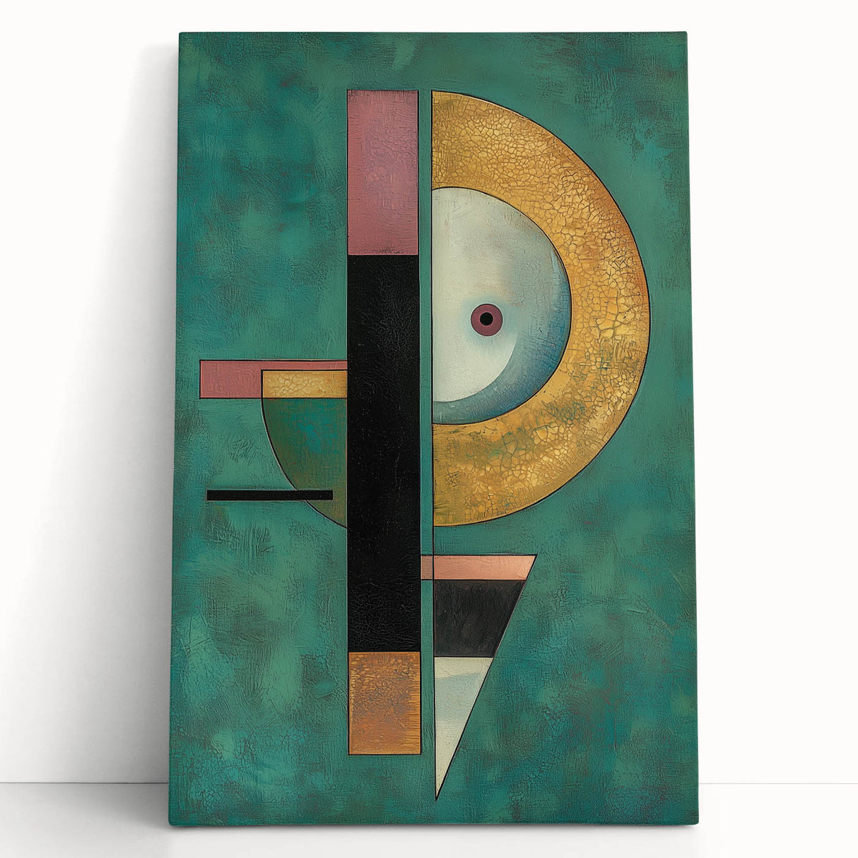 Abstract geometric canvas art featuring vibrant colors like blue, orange, and yellow, designed to create a modern artistic focal point in any space. This stretched canvas is perfect for contemporary home decor, adding a touch of sophistication and creativity to walls.