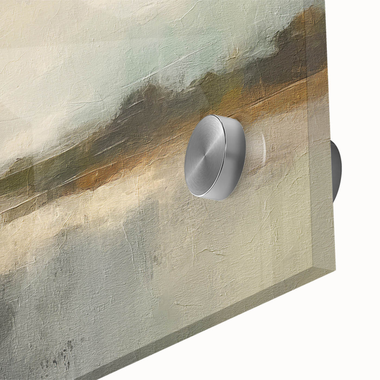 Close-up of an abstract landscape wall art piece printed on acrylic glass, showcasing vibrant colors and intricate details, perfect for modern decor.
