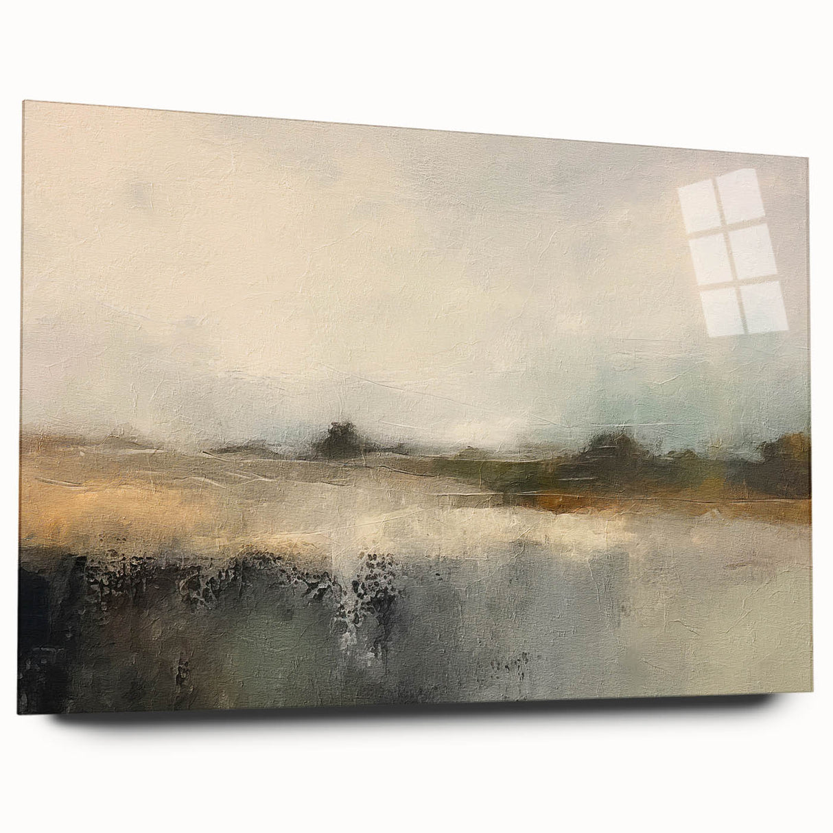 Acrylic glass wall art displaying an abstract landscape design in vibrant colors, showcasing a side view without pins, perfect for modern decor. Ideal for enhancing interior spaces with contemporary style and artistic flair.