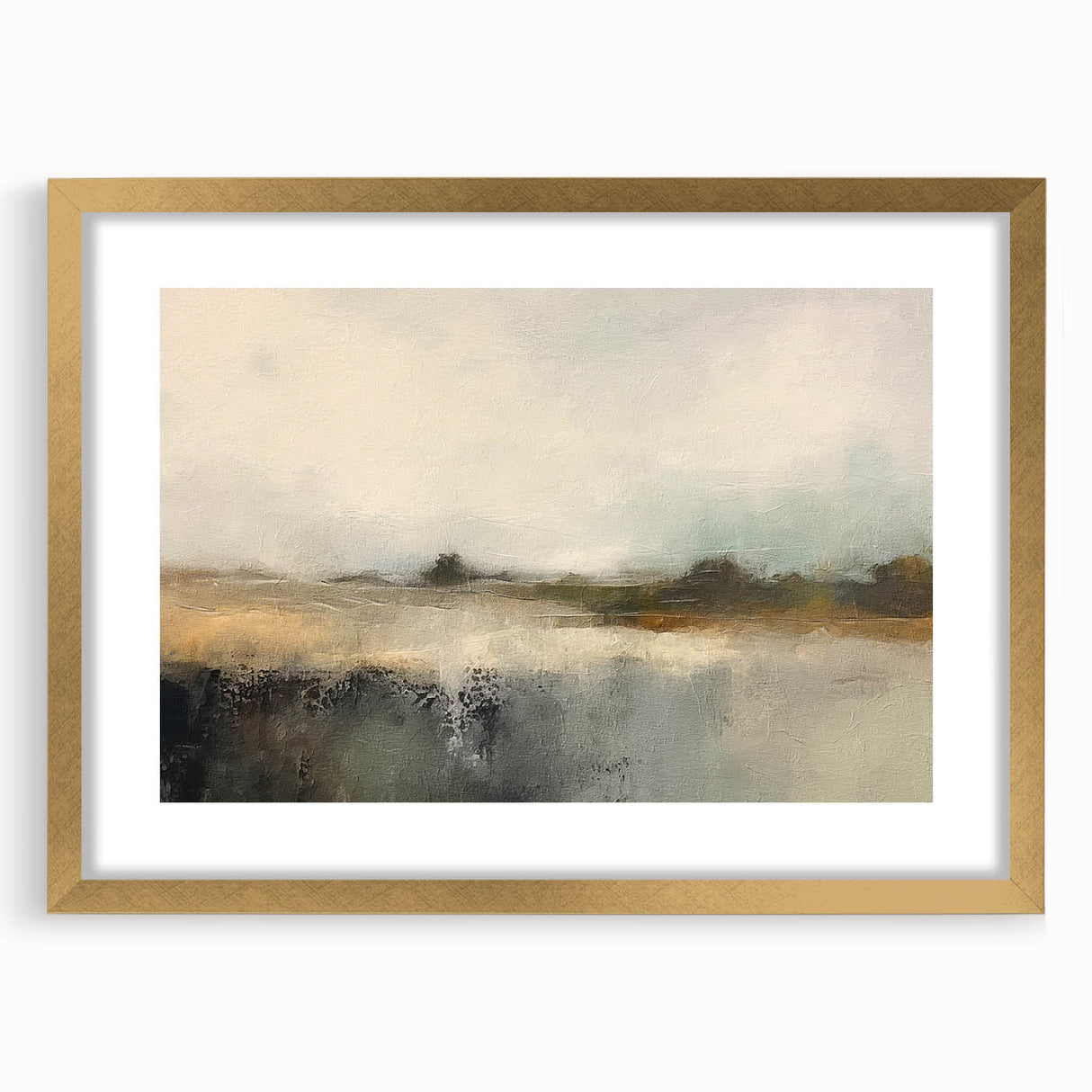 Abstract landscape wall art featuring rich earth tones in a sleek gold frame with a white mat, ideal for enhancing modern home decor and artistic spaces.