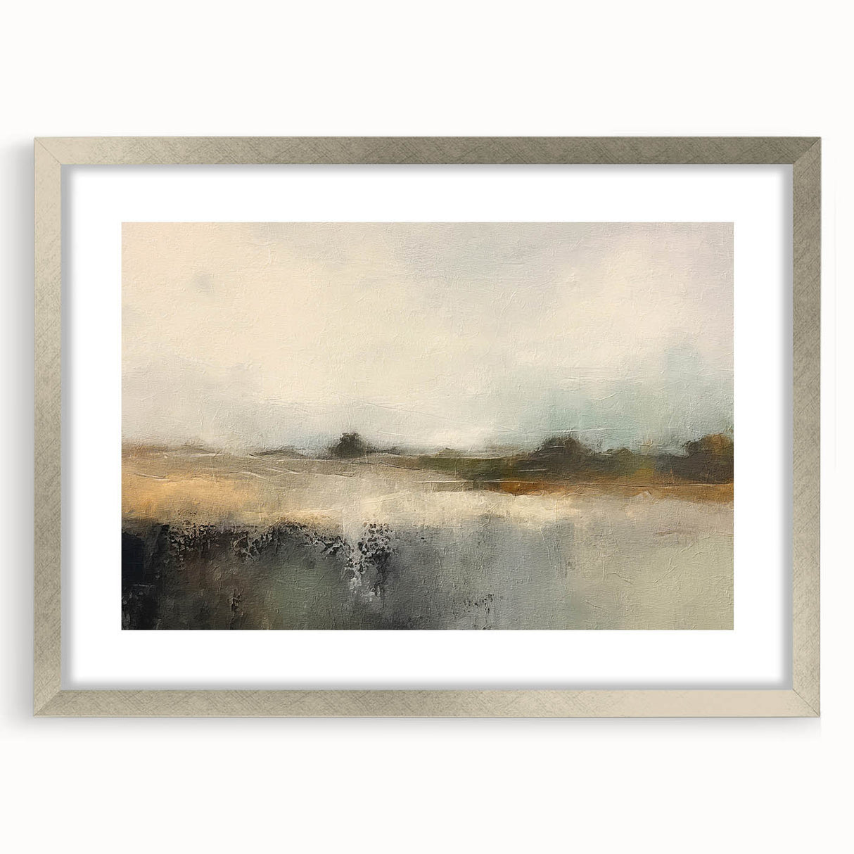 Abstract landscape wall art framed with a silver mat, showcasing a blend of soft colors and fluid shapes, perfect for modern home decor. Ideal for adding a touch of elegance to living spaces.