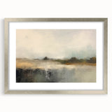 Abstract landscape wall art framed with a silver mat, showcasing a blend of soft colors and fluid shapes, perfect for modern home decor. Ideal for adding a touch of elegance to living spaces.