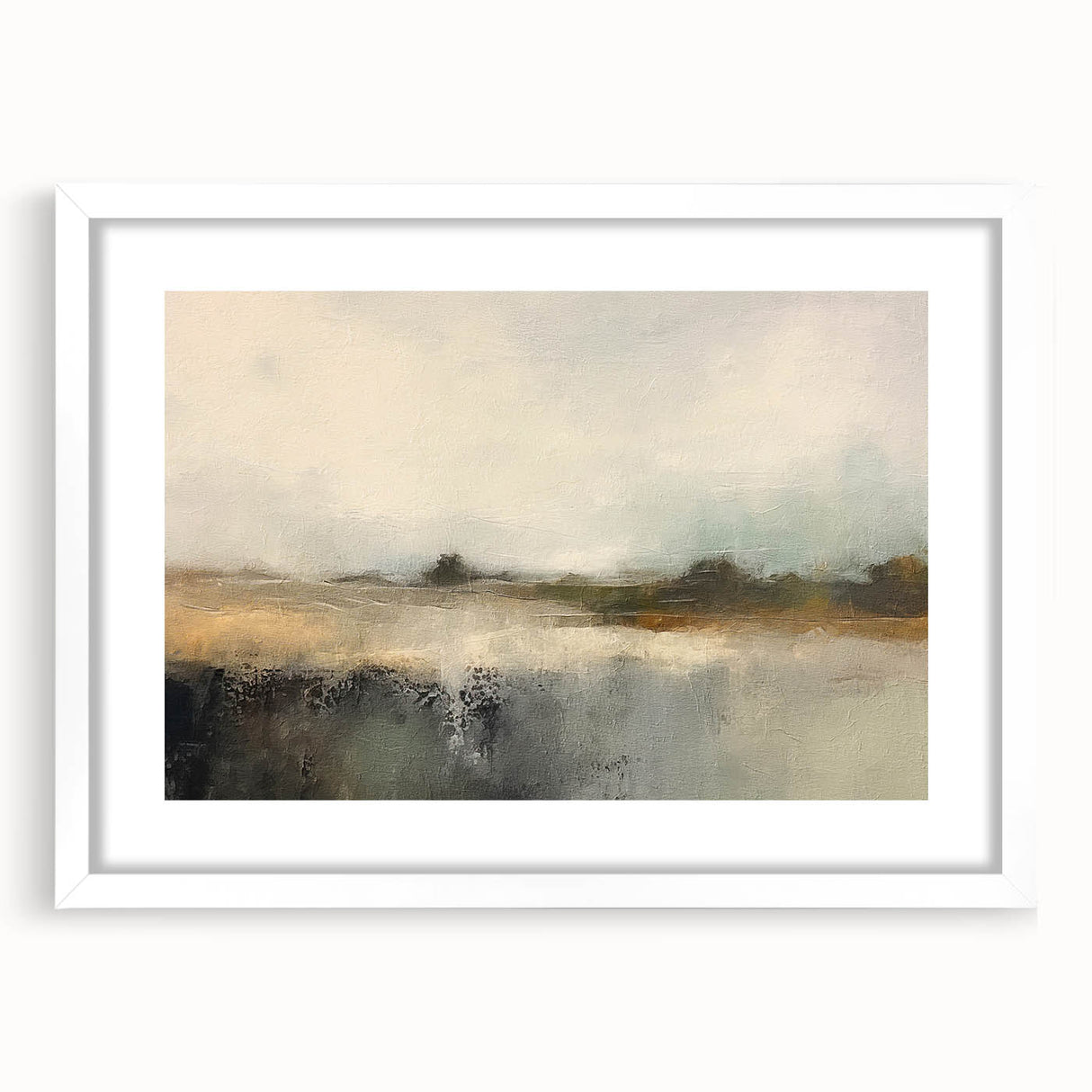Abstract landscape wall art framed in white with a mat, showcasing soft earth tones and fluid shapes, perfect for modern home decor. Ideal for adding a serene touch to any room.