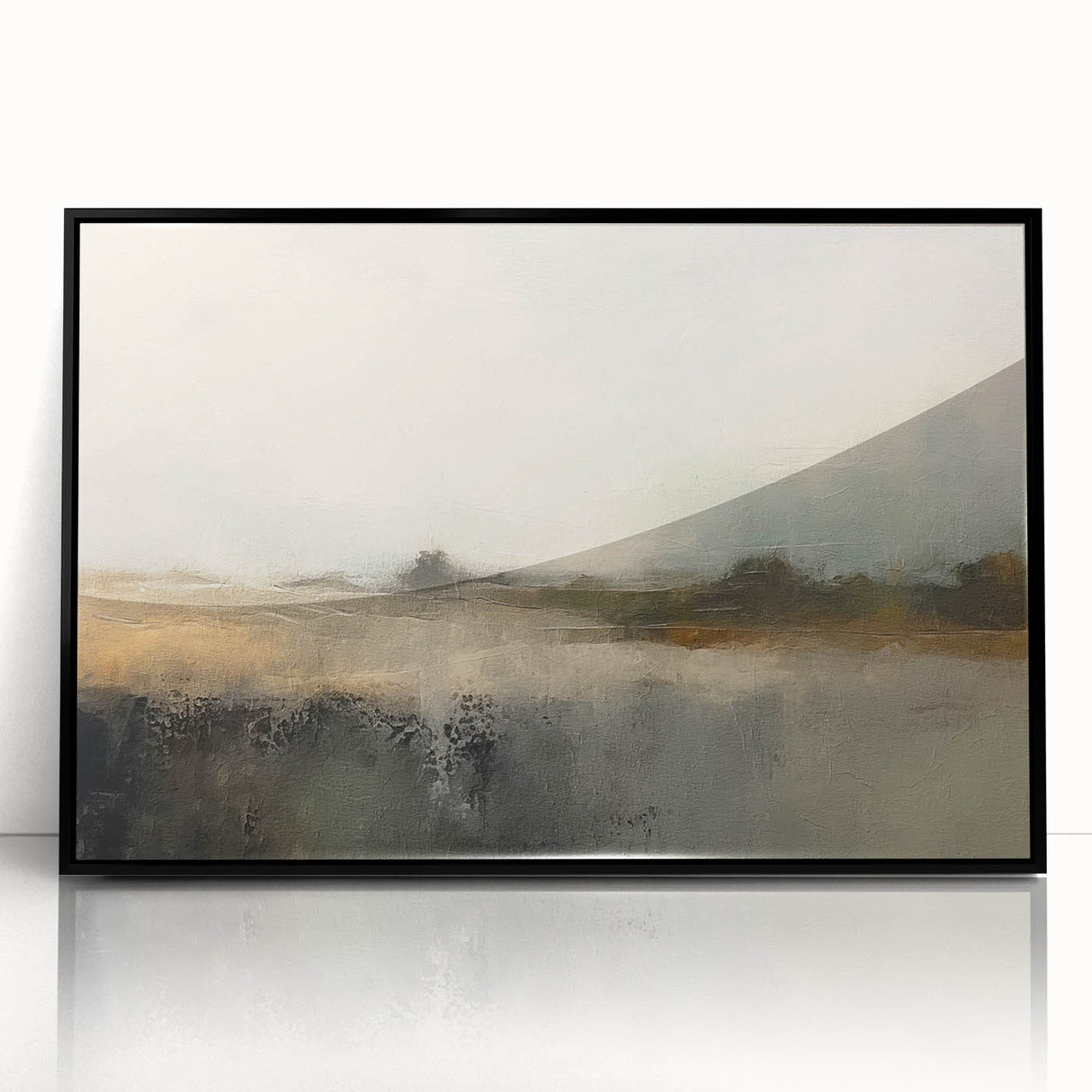 Framed abstract landscape wall art with a black frame and acrylic finish, showcasing vibrant colors and fluid shapes, ideal for modern home decor. Perfect for adding a contemporary touch to living spaces or offices.