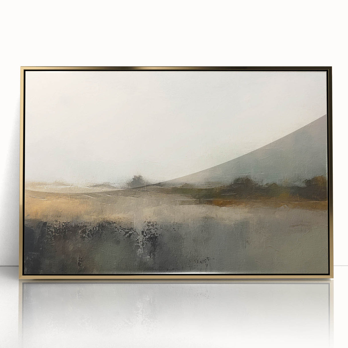 Framed abstract landscape wall art in gold-accented acrylic, showcasing a serene nature scene with soft hues, perfect for modern home decor.