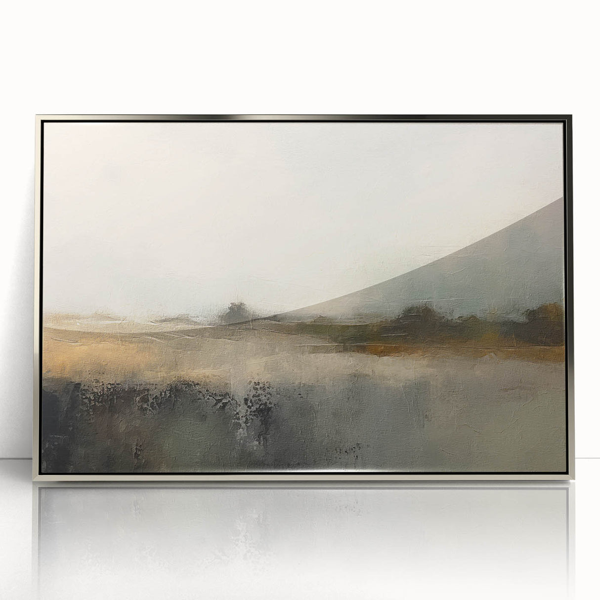 Framed abstract landscape wall art in silver acrylic, showcasing vibrant colors and fluid shapes, perfect for modern home decor or office spaces.