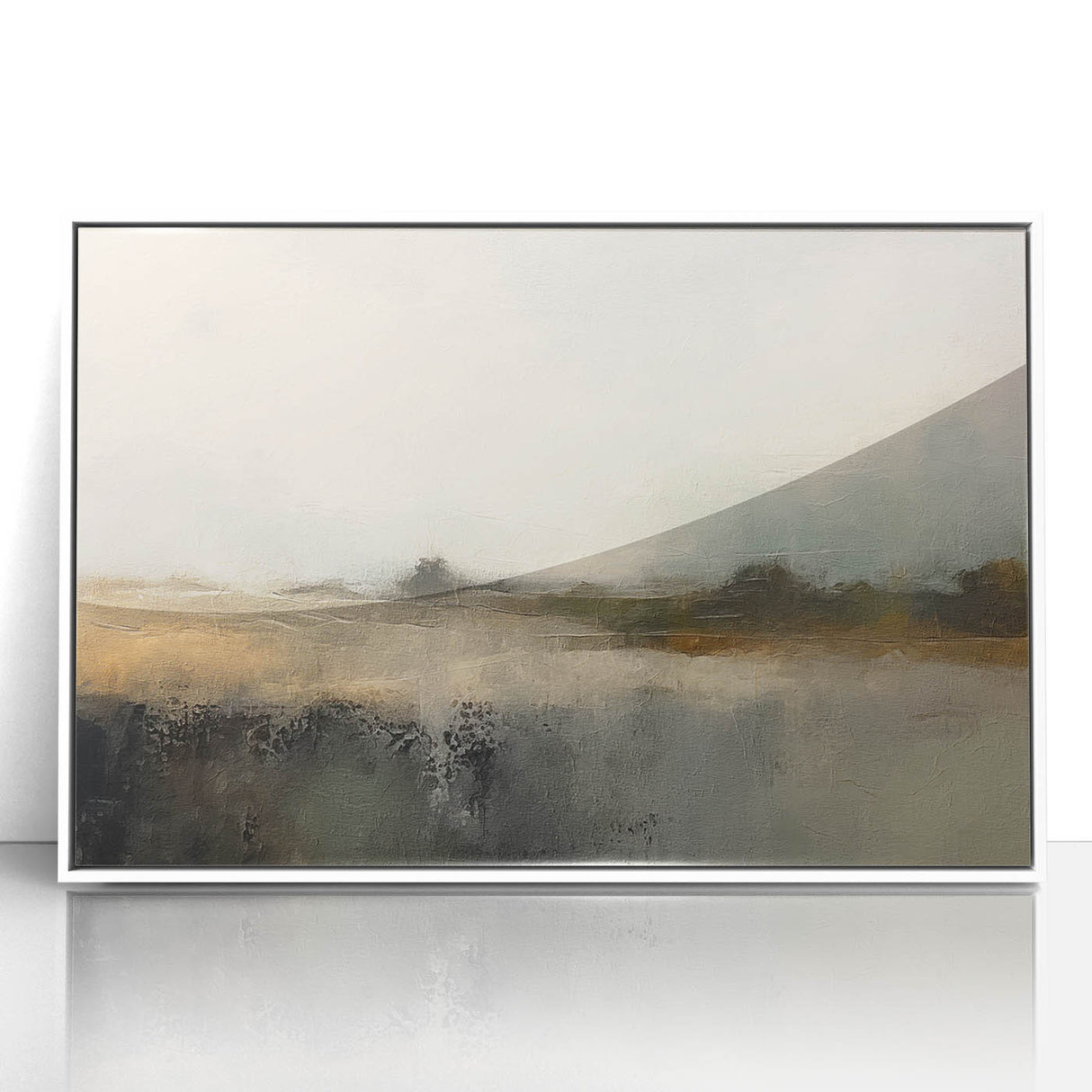 Framed acrylic wall art depicting an abstract landscape with soft pastel colors and flowing shapes, set against a sleek white background for contemporary decor.