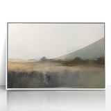 Framed acrylic wall art depicting an abstract landscape with soft pastel colors and flowing shapes, set against a sleek white background for contemporary decor.