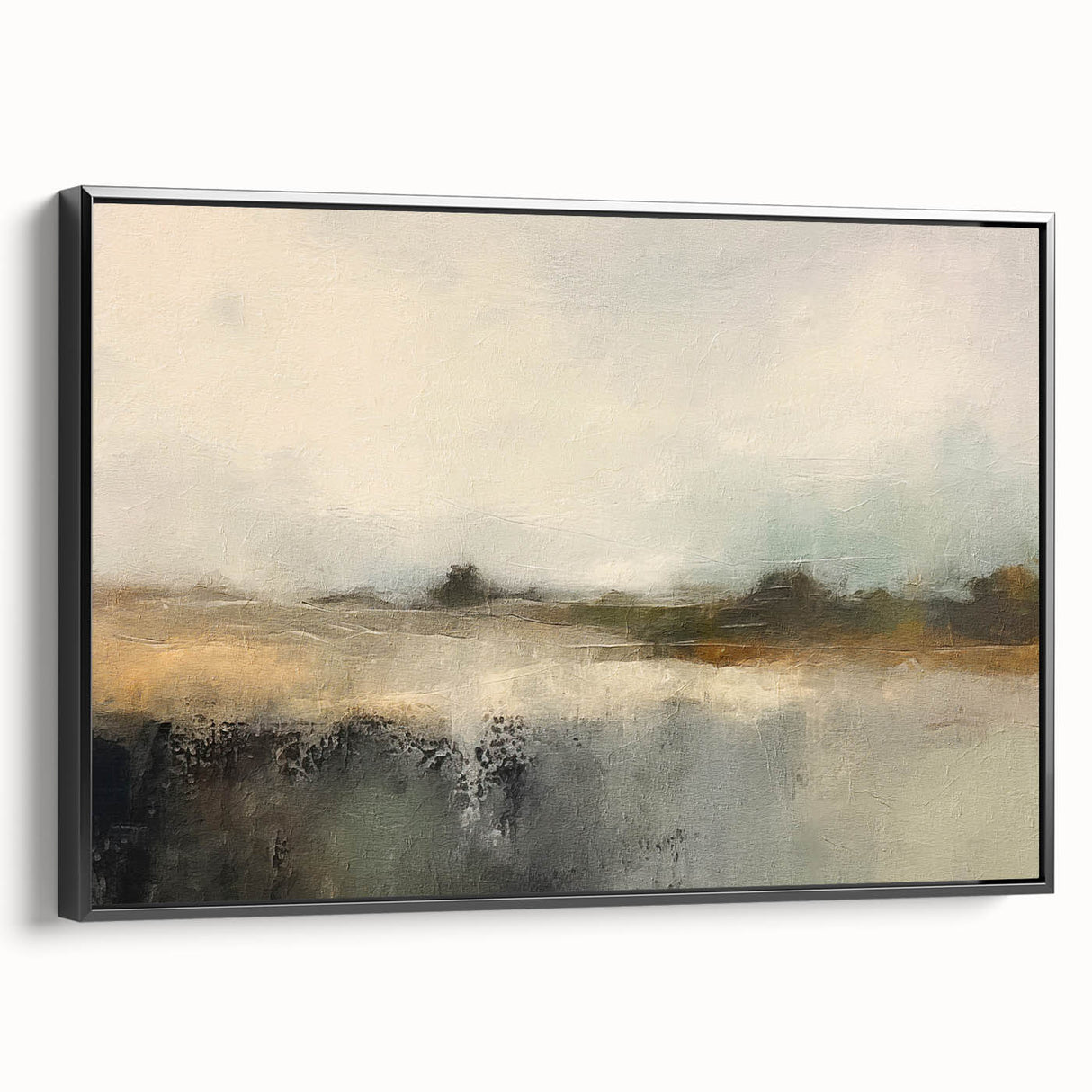 Framed canvas wall art showcasing an abstract landscape design, featuring a blend of earthy tones and vibrant colors, presented in a sleek black frame, perfect for modern decor.