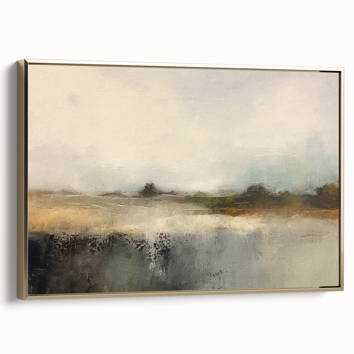 Framed abstract landscape wall art in gold tones, showcasing a modern design with textured brush strokes. Ideal for contemporary home decor.