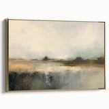 Framed abstract landscape wall art in gold tones, showcasing a modern design with textured brush strokes. Ideal for contemporary home decor.