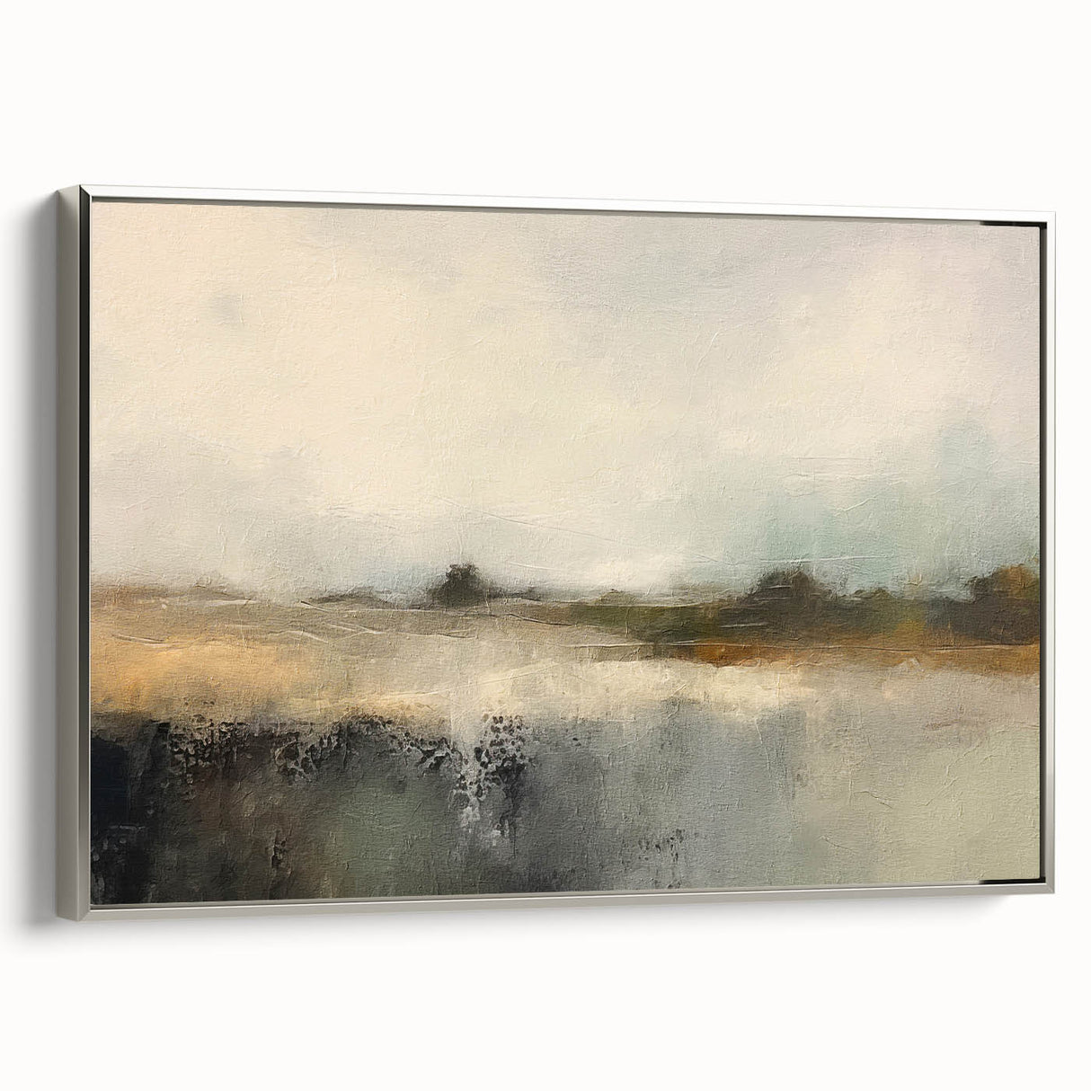 Framed abstract landscape wall art in silver, showcasing a vibrant blend of blues and greens, ideal for modern home decor. The artwork is elegantly presented from a side view, highlighting its depth and texture.