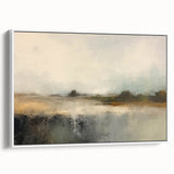 Framed abstract landscapes wall art on canvas showcasing soft earth tones and fluid shapes, presented in a sleek white frame, ideal for modern decor.