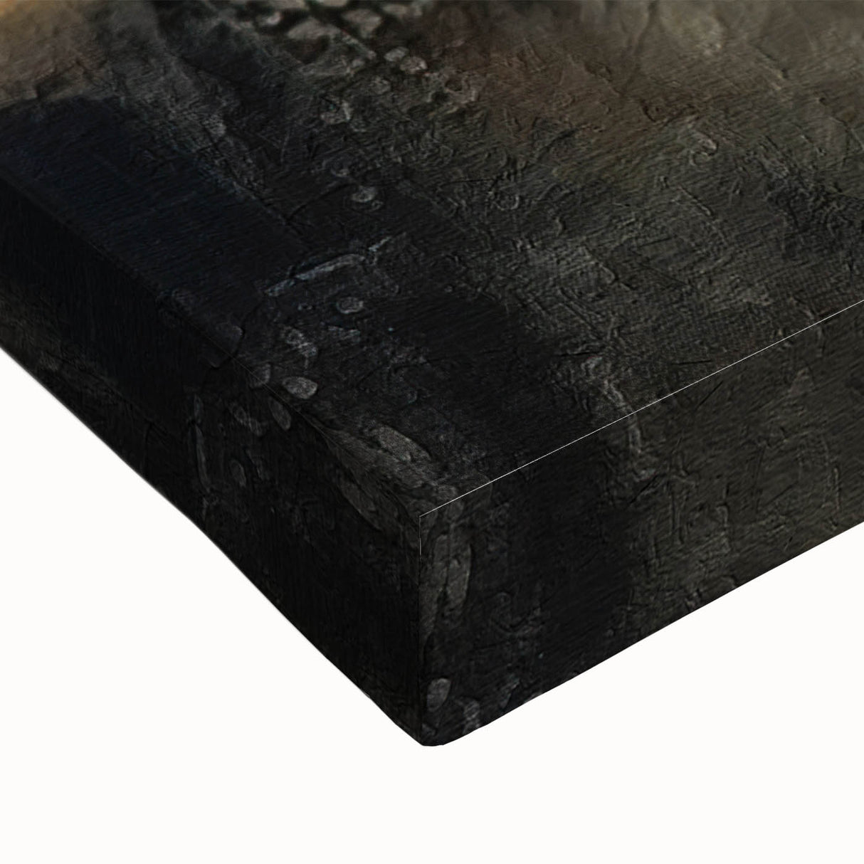 Close-up of a stretched canvas featuring a vibrant abstract landscape design with rich colors and textures, ideal for modern home decor or art enthusiasts.