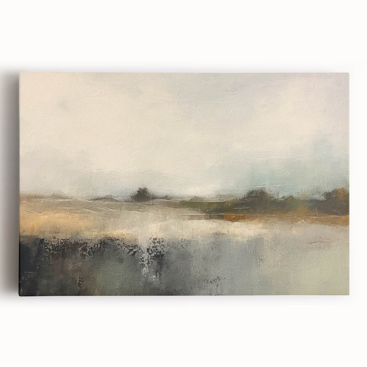 Abstract landscape wall art on stretched canvas, showcasing vibrant colors and fluid shapes, perfect for modern home decor and artistic enhancement.