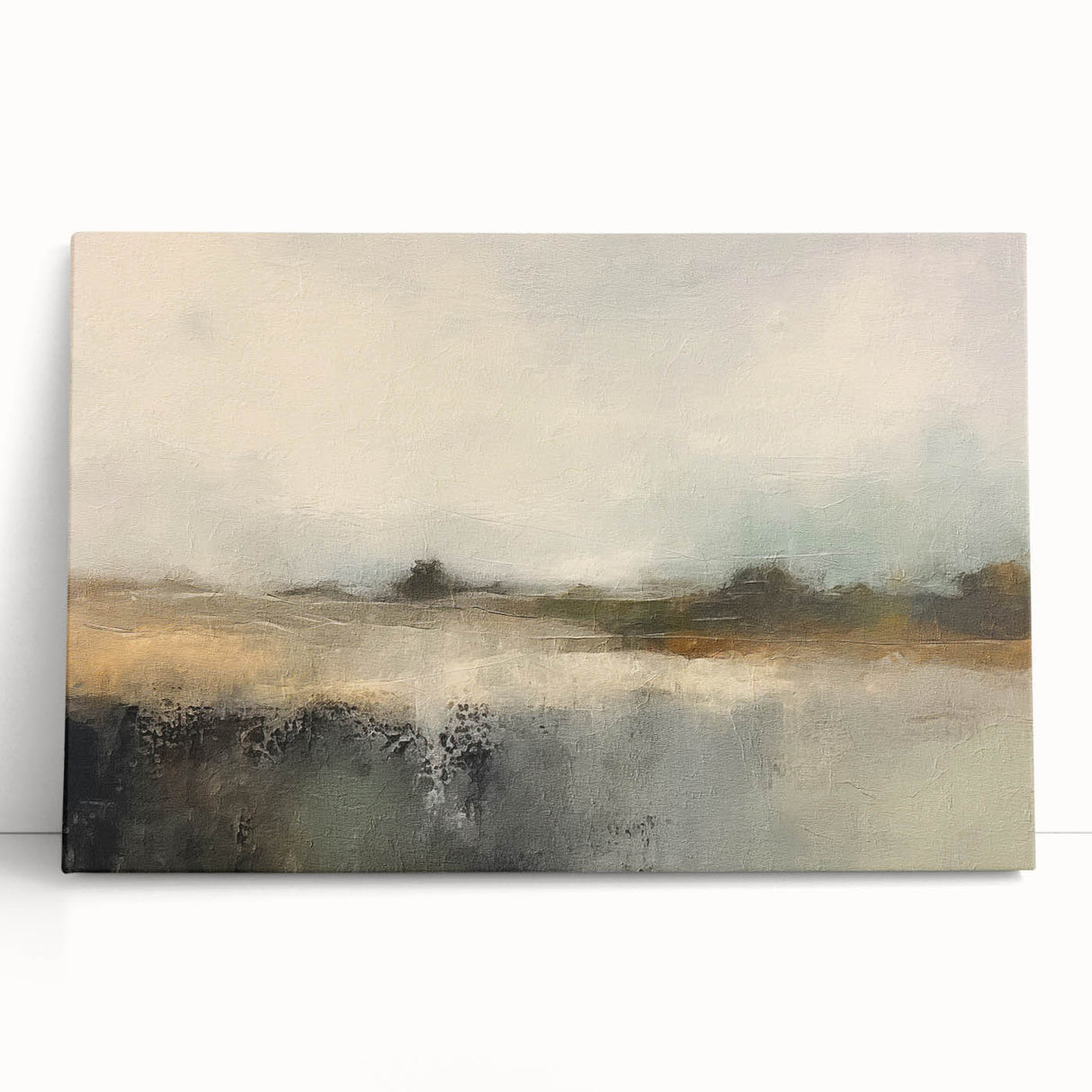 Abstract landscape wall art on stretched canvas, showcasing vibrant colors of blue, green, and orange, designed to enhance modern home decor. Ideal for living rooms or creative spaces.