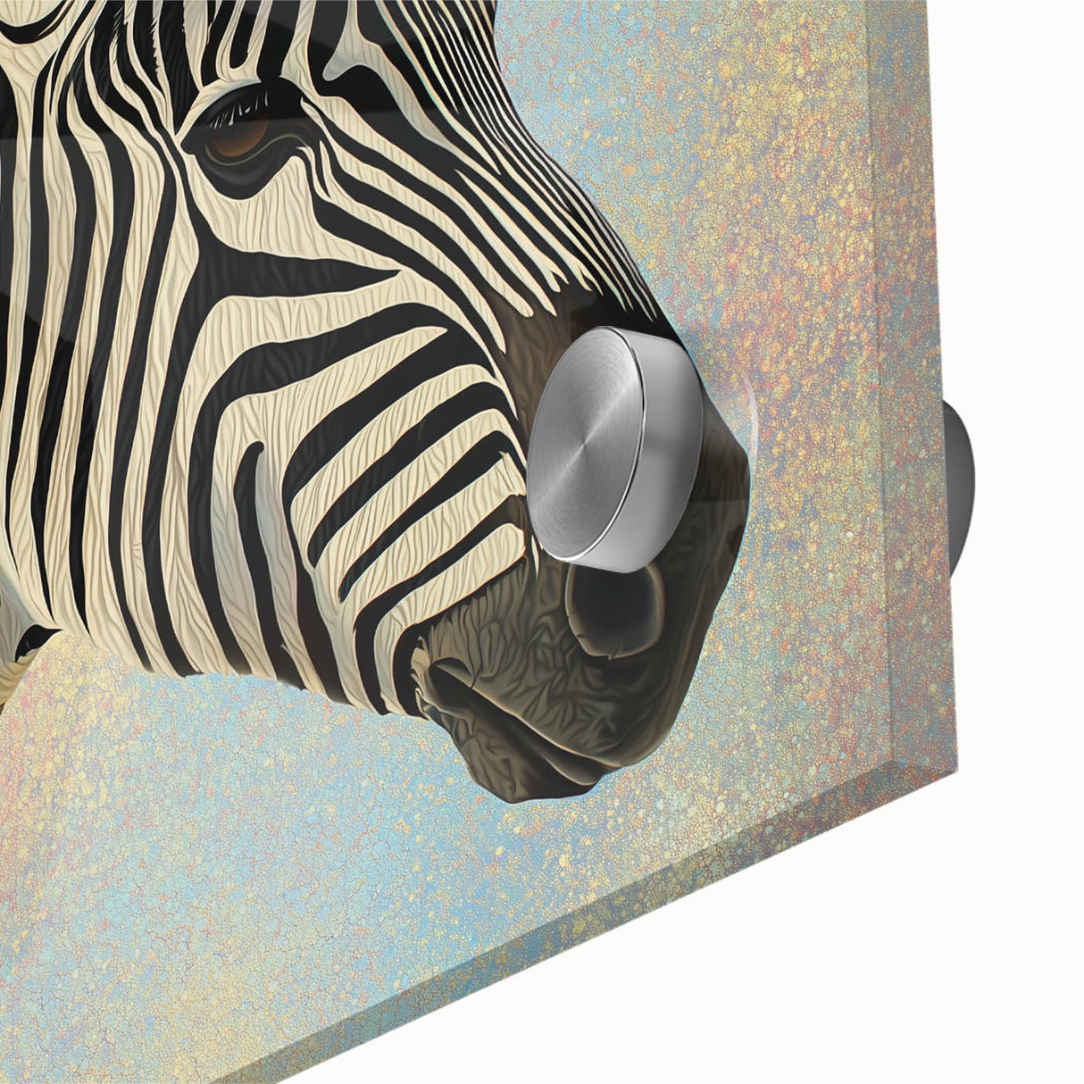 Close-up image of an acrylic glass print featuring a vibrant animal design, showcasing intricate details and vivid colors, perfect for modern home decor.