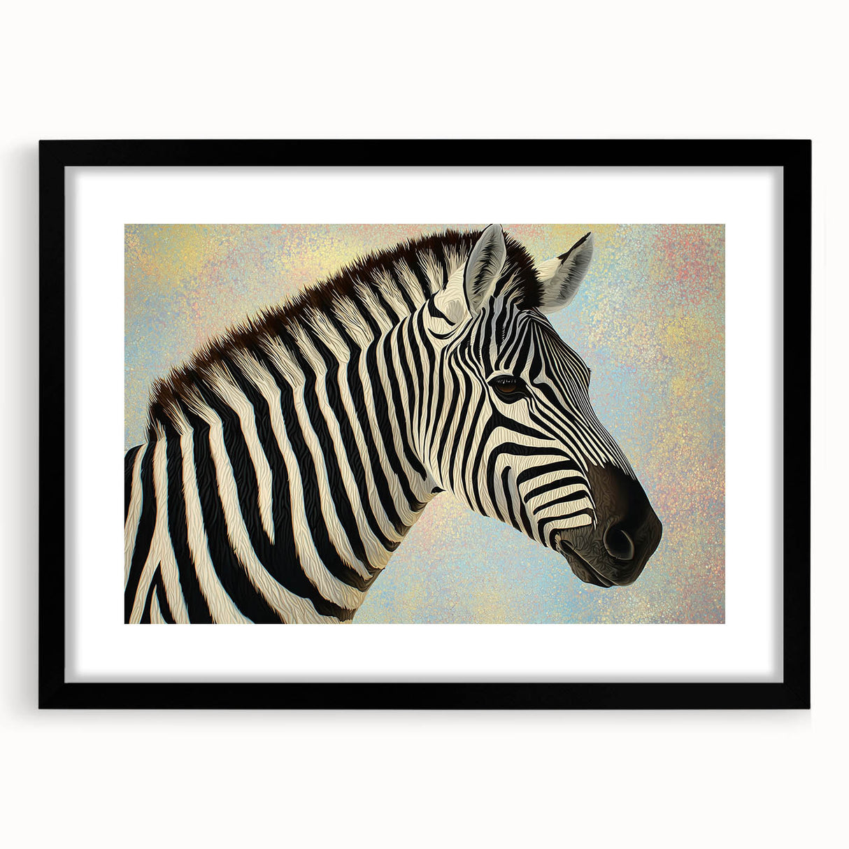 Framed wall art showcasing a vibrant animal design with a black mat, perfect for home decor, highlighting intricate details and rich colors in a modern setting.