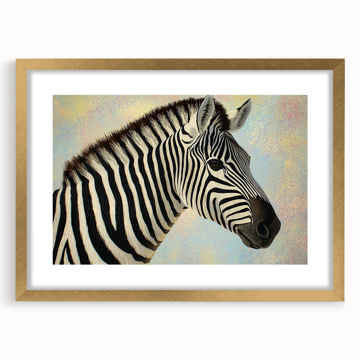 Gold-framed animal artwork with a white mat, showcasing a vibrant nature scene featuring various wildlife, perfect for home decor or office settings.