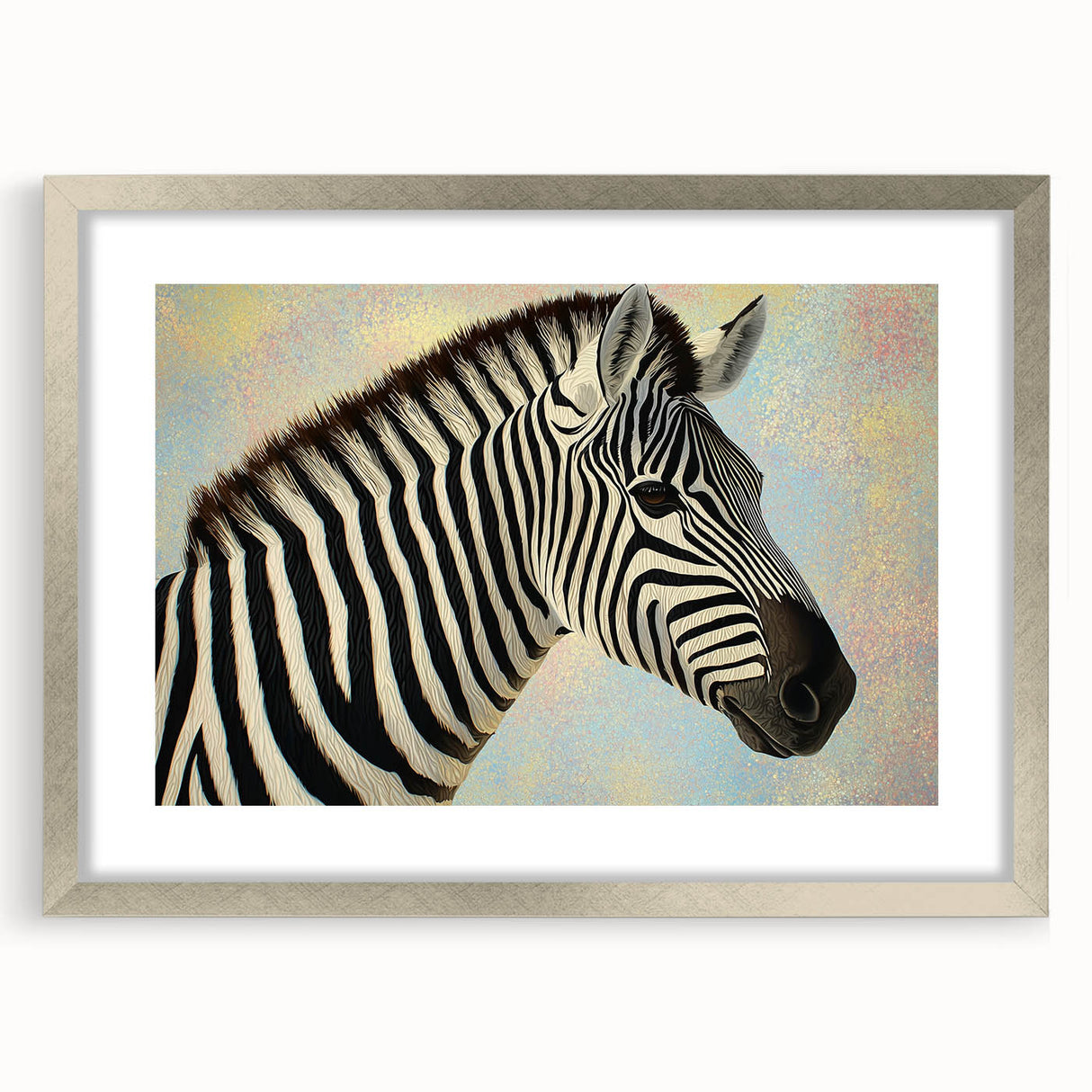 Silver-framed animal-themed wall art print with a mat, showcasing intricate wildlife designs. Perfect for enhancing home decor with nature-inspired elegance.