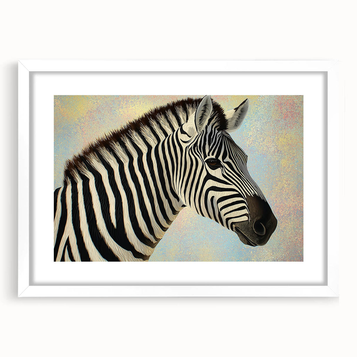 Framed animal-themed wall art featuring a white mat, showcasing a colorful illustration of various wildlife in a modern design. Ideal for nature enthusiasts.