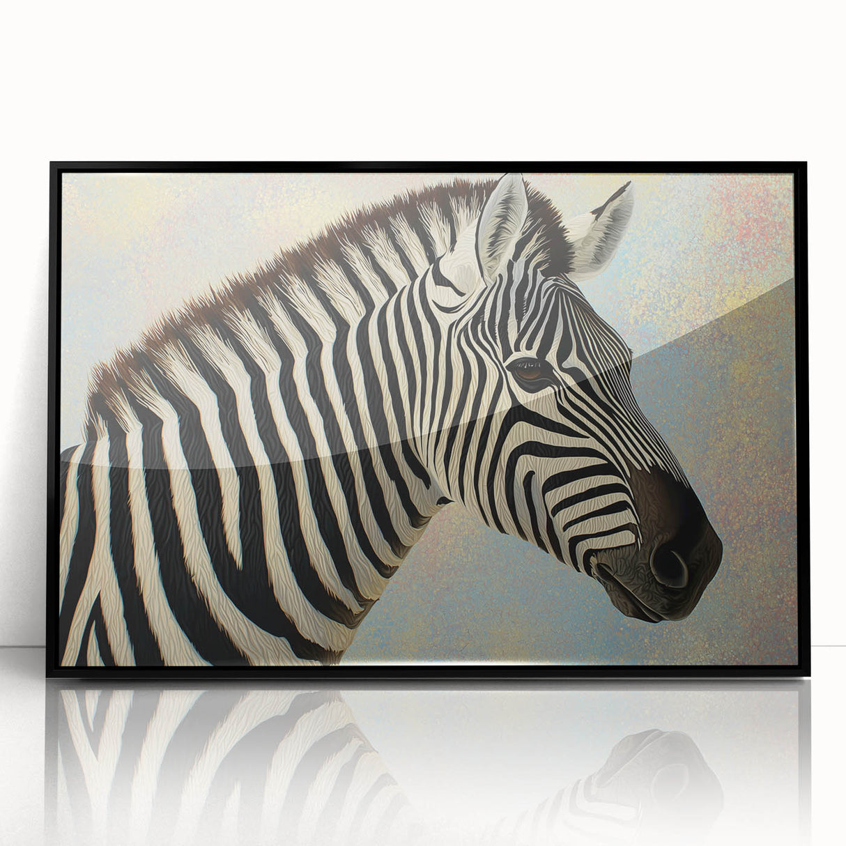 Framed acrylic artwork showcasing a vibrant animal design with a black frame, ideal for modern decor. Perfect for animal lovers and contemporary art enthusiasts.