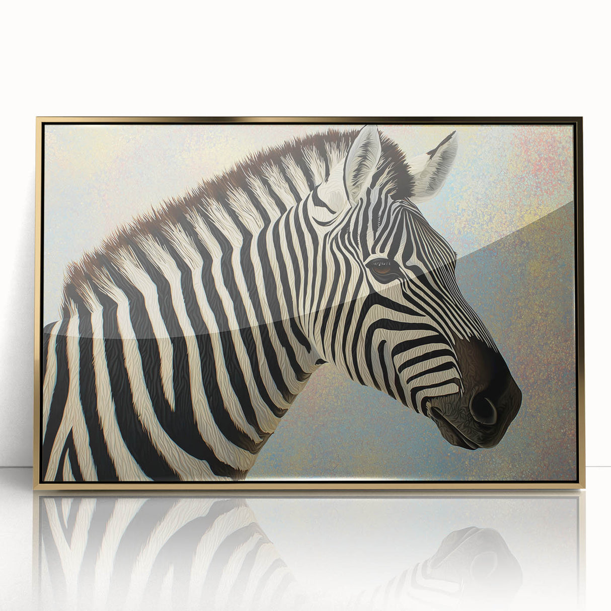 Framed acrylic wall art featuring a vibrant depiction of various animals in gold accents, set against a striking background, perfect for modern decor in living spaces.