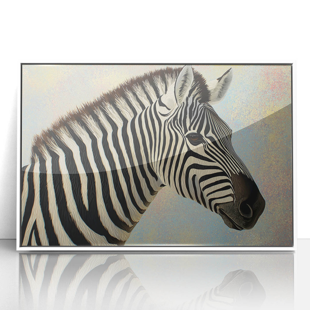 Framed acrylic artwork featuring a vibrant animal design with a white border, ideal for home decor, showcasing intricate details and bold colors. Perfect for animal lovers and art enthusiasts looking to enhance their living space.