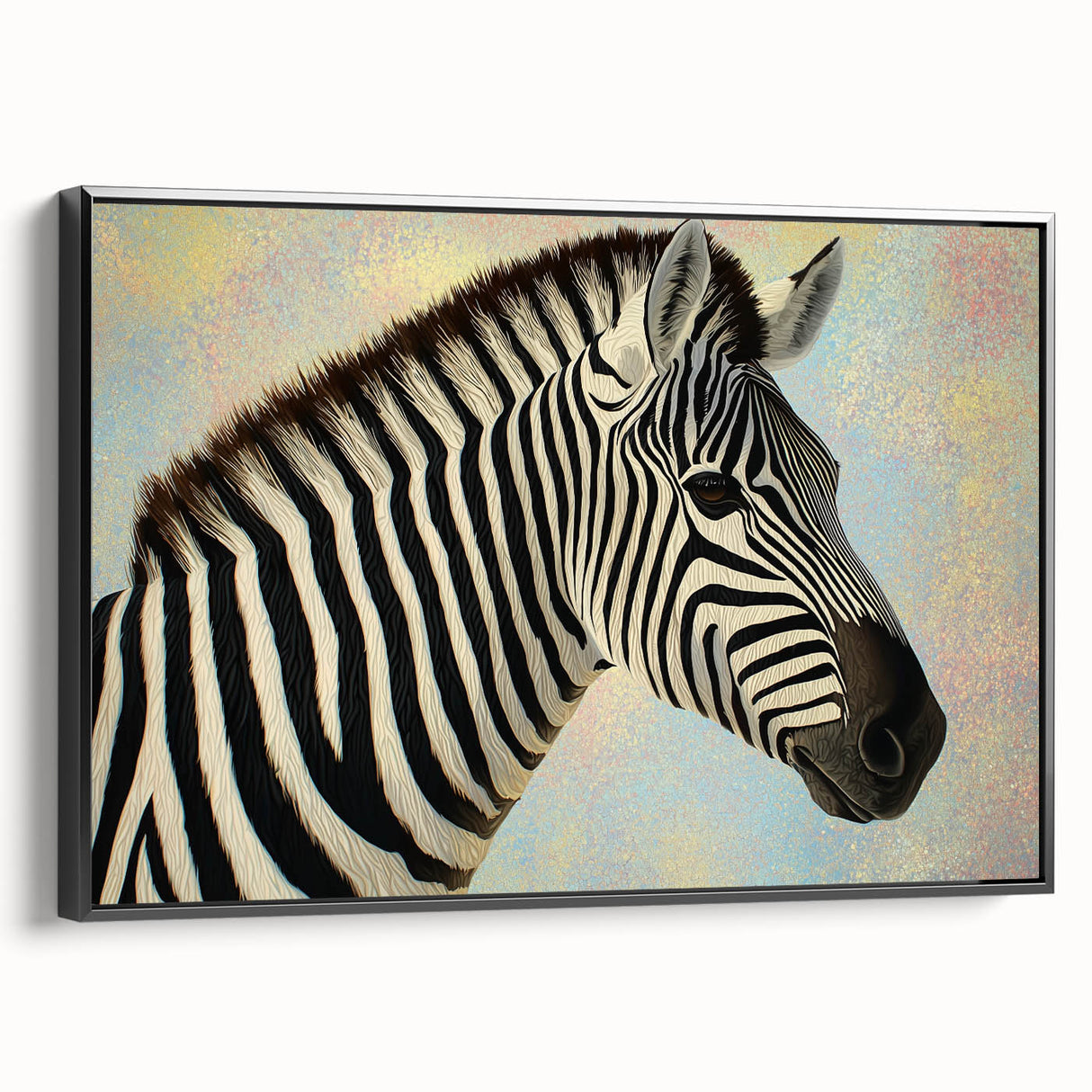 Framed canvas art showcasing a vibrant animal design in a black frame, highlighting intricate details and colors, ideal for modern decor and wildlife enthusiasts.