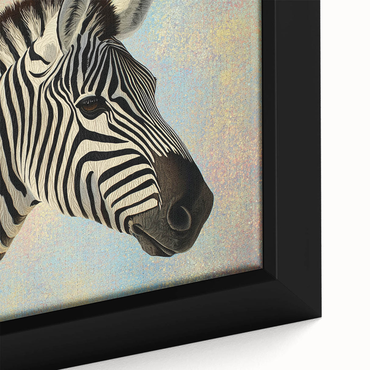 Close-up of a framed canvas featuring a colorful, intricate animal design depicting various wildlife, ideal for modern home decor and nature enthusiasts.