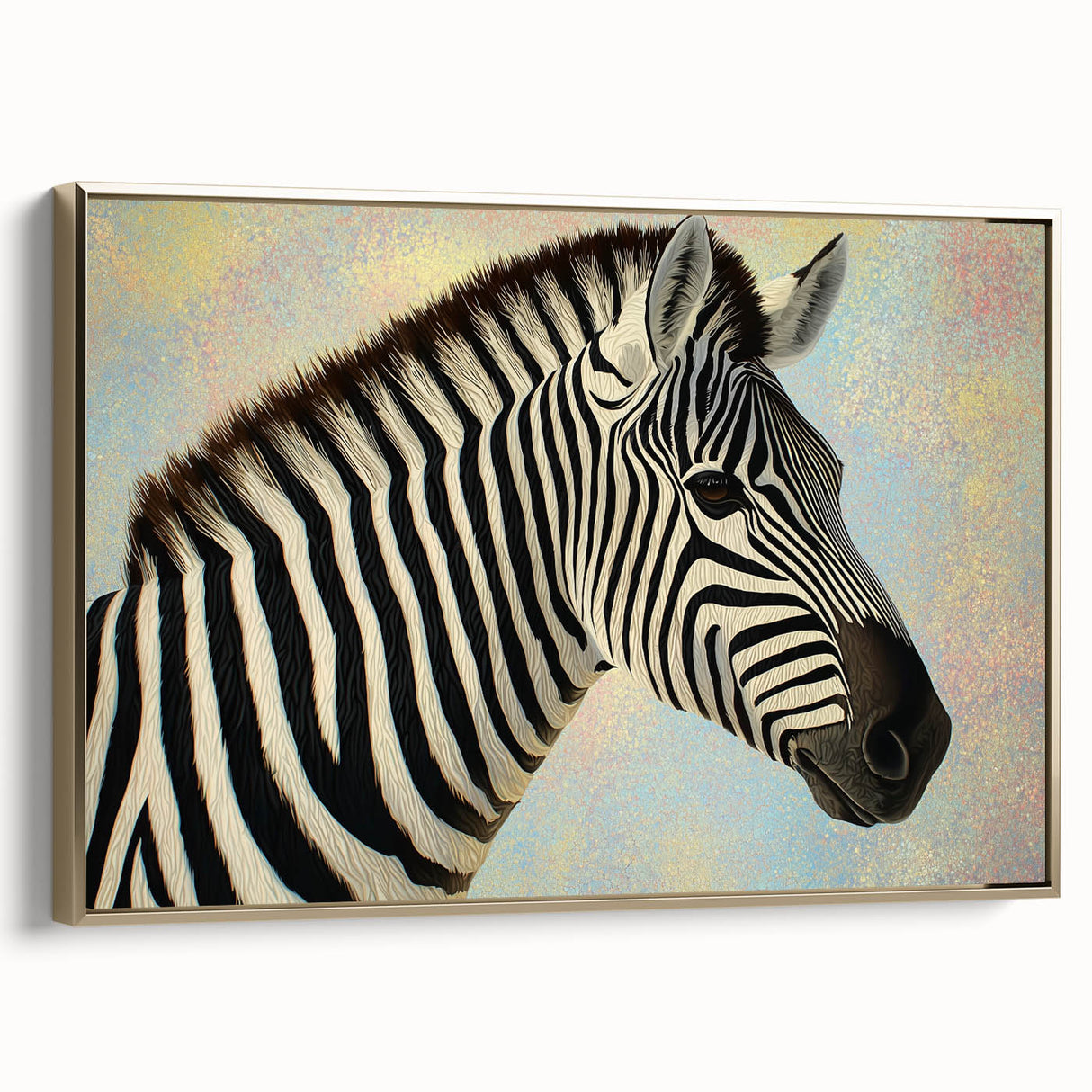 Framed canvas artwork showcasing a vibrant animal design with gold accents, displayed in a sleek side view, perfect for modern home decor and art enthusiasts.