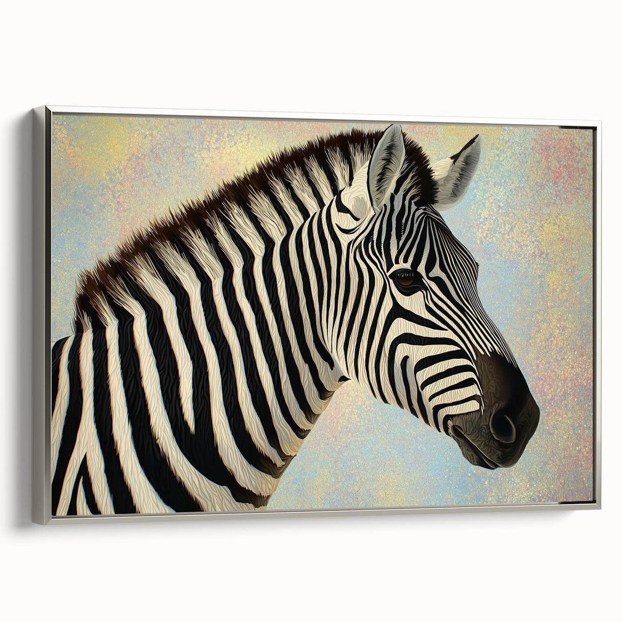 Framed canvas artwork showcasing a vibrant animal design, featuring intricate details and a sleek silver frame, perfect for enhancing modern decor.