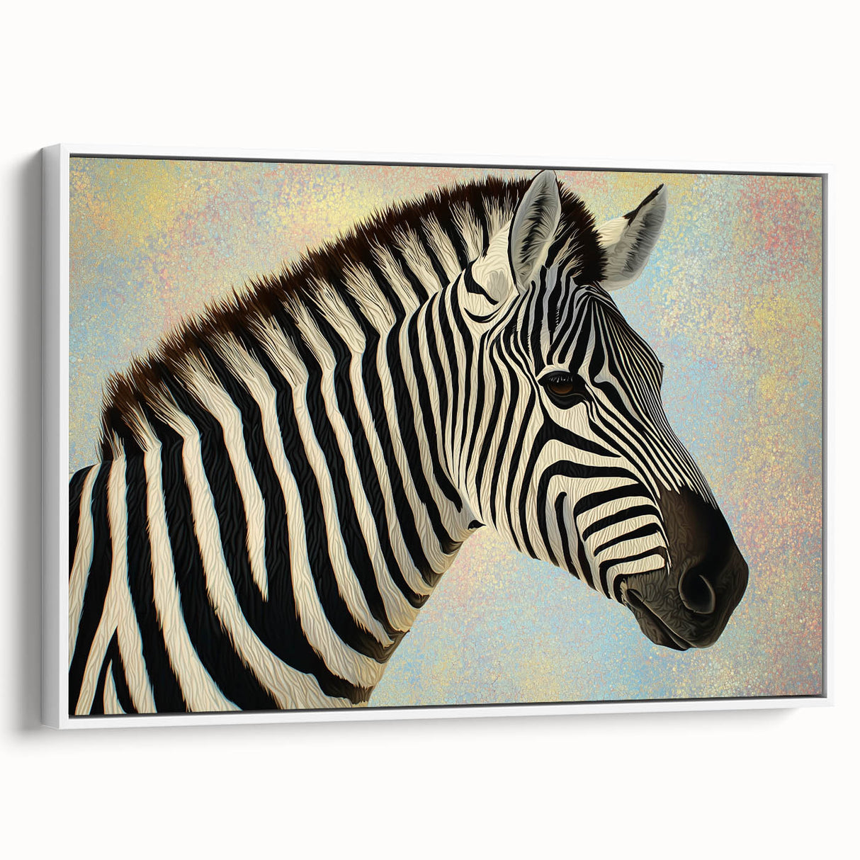 Framed canvas artwork showcasing a vibrant animal design, featuring intricate details and a sleek white border, perfect for enhancing modern home decor.