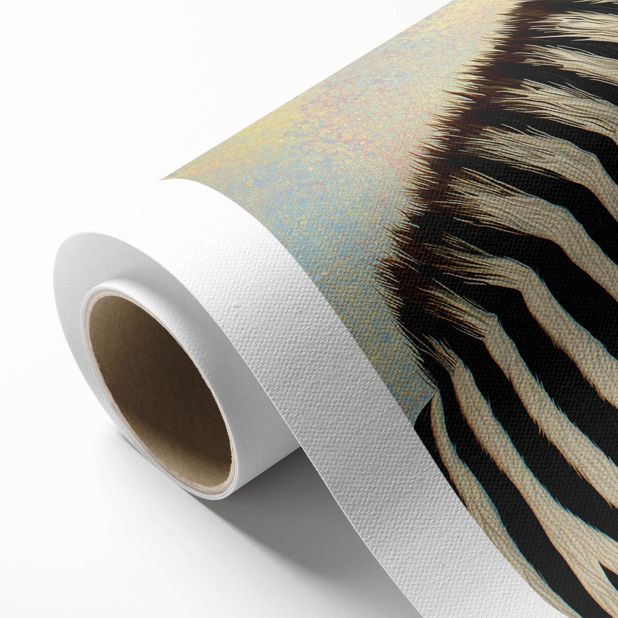 Rolled canvas showcasing vibrant animal-themed wall art design, featuring intricate details and bold colors, packaged securely in a durable cardboard tube for safe transportation. Perfect for adding a unique touch to home decor or art collections.