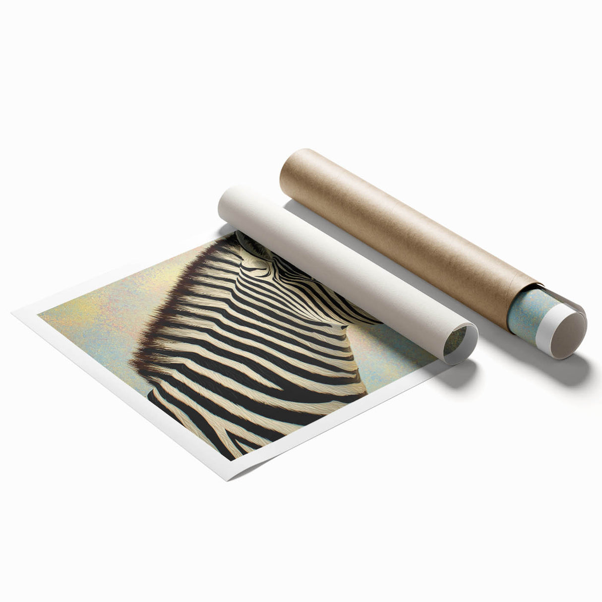 Rolled canvas print showcasing vibrant animal designs in a colorful, modern style, expertly packaged in a durable cardboard tube for safe delivery.