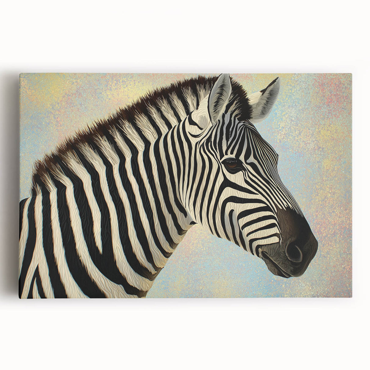 Stretched canvas artwork showcasing a colorful design of various animals in vibrant hues, ideal for enhancing home decor, available for easy hanging.