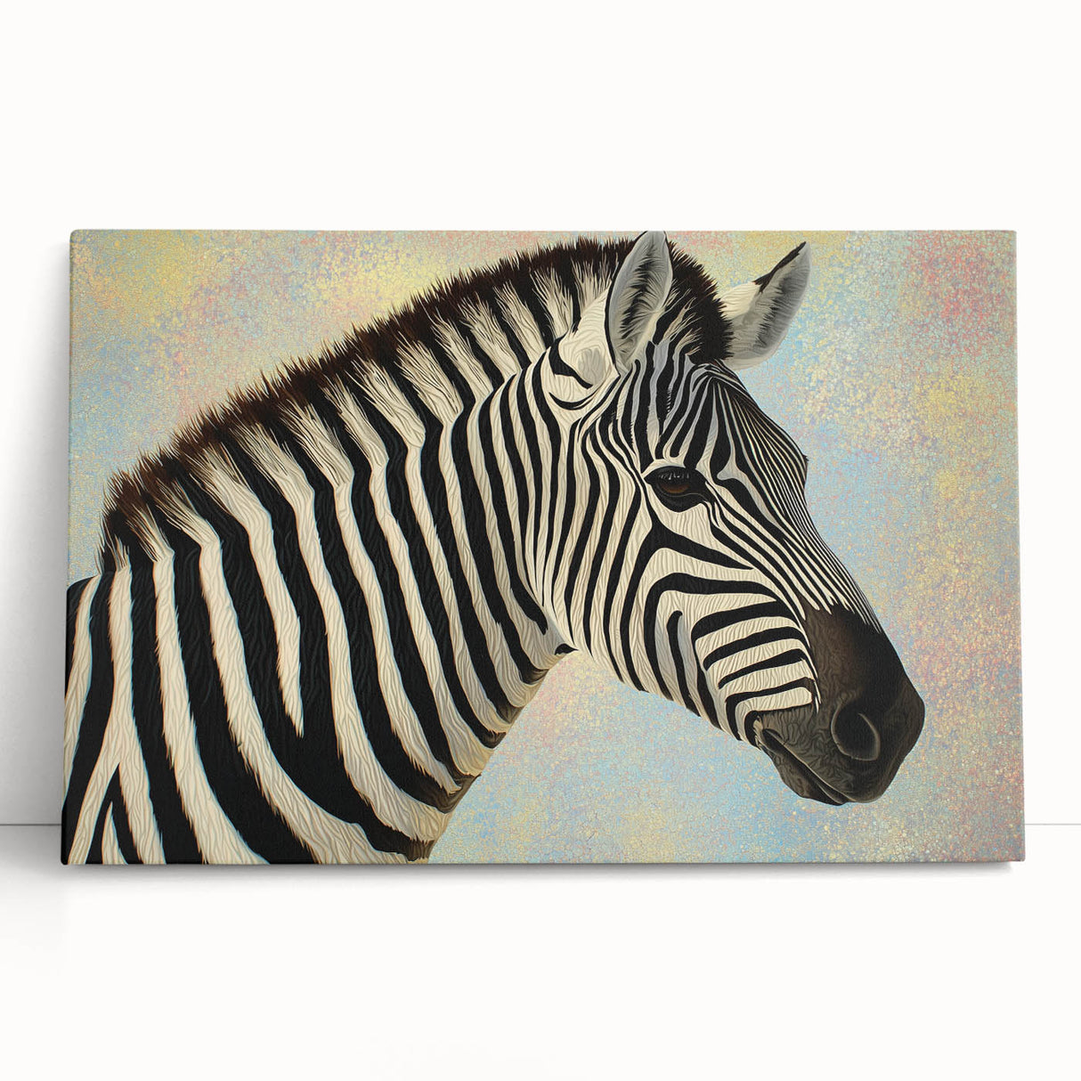 Stretched canvas artwork depicting a vibrant design of various animals in a colorful, abstract style, ideal for home decor. Perfect for animal lovers and art enthusiasts.