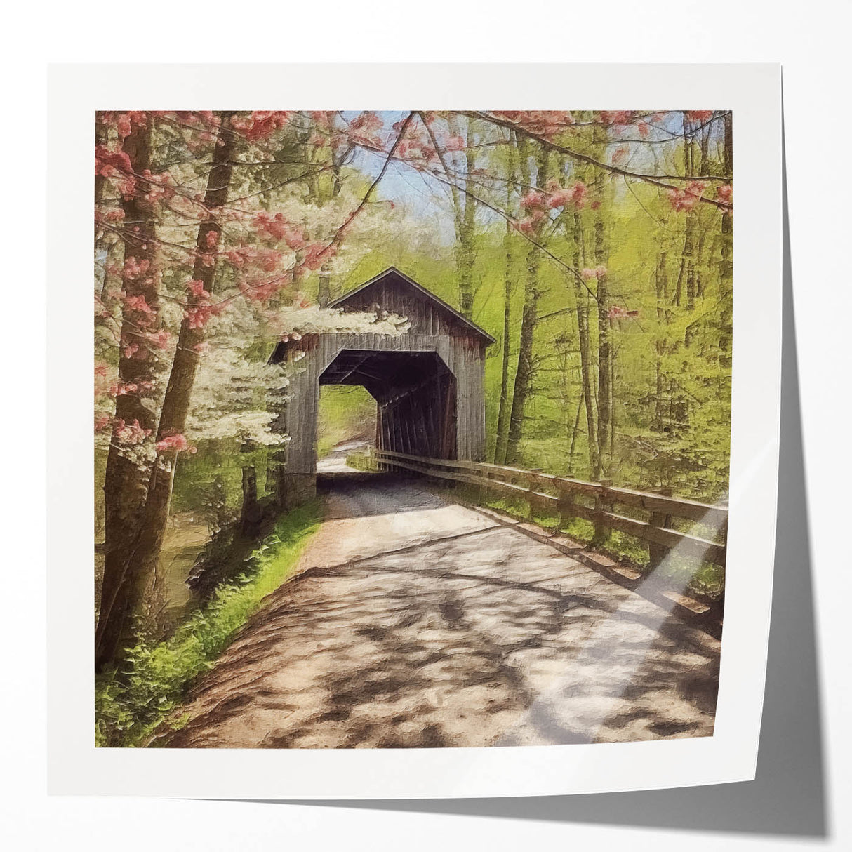 Extra large floral art on glossy photo print featuring a covered bridge, ideal for dining room wall decor.