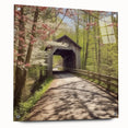 Acrylic print of a covered bridge in muted earth tones, ideal for bedroom or dining room decor.