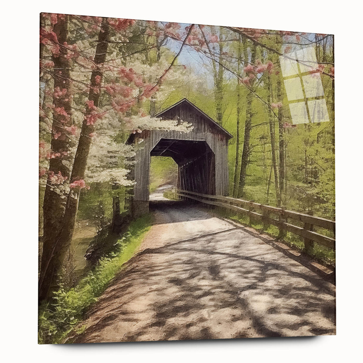Acrylic glass print of a covered bridge in muted earth tones, ideal for bedroom or dining room art.